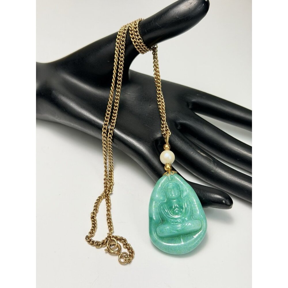 Vintage Long Gold Tone Glass Buddha Pendant Necklace Faux Pearl Accent